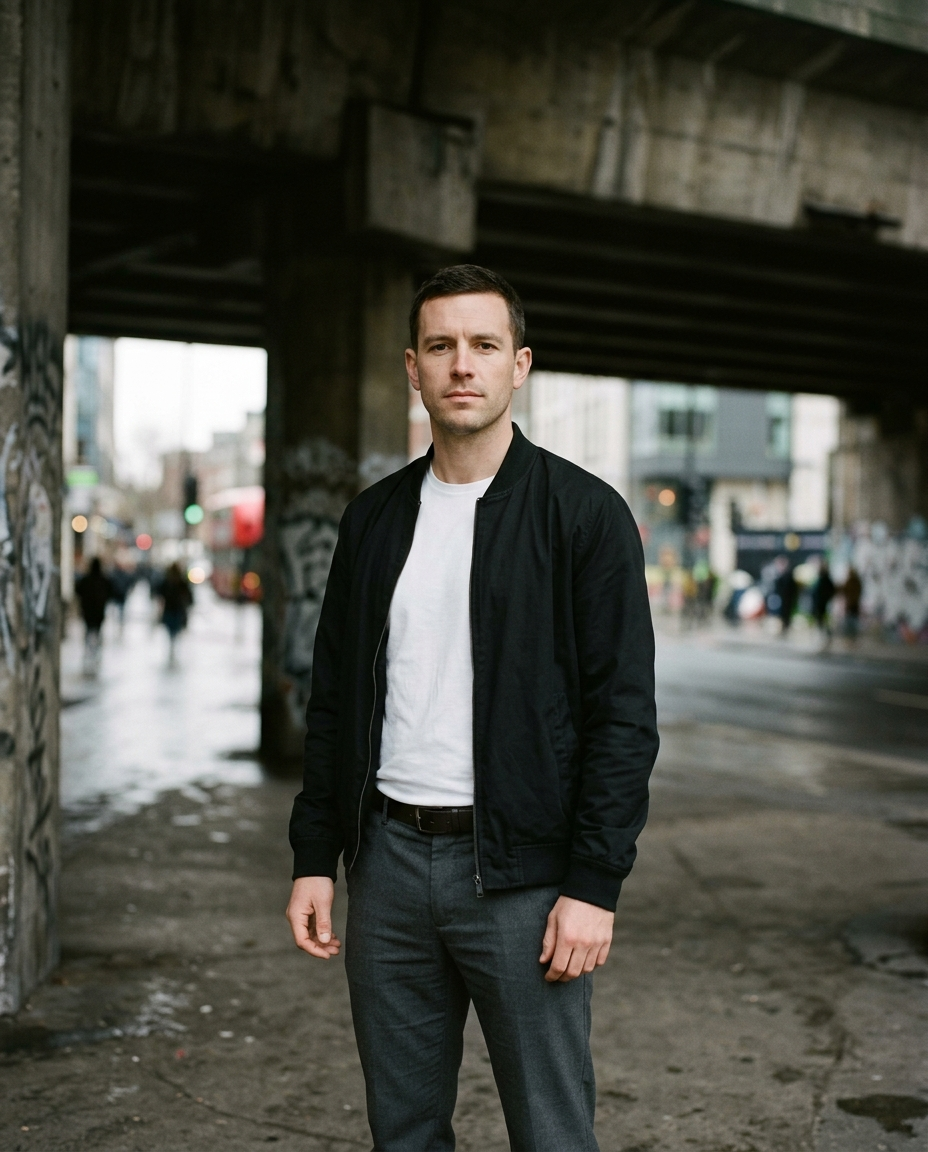 Man wearing the Bomber Jacket Clean Standard in black