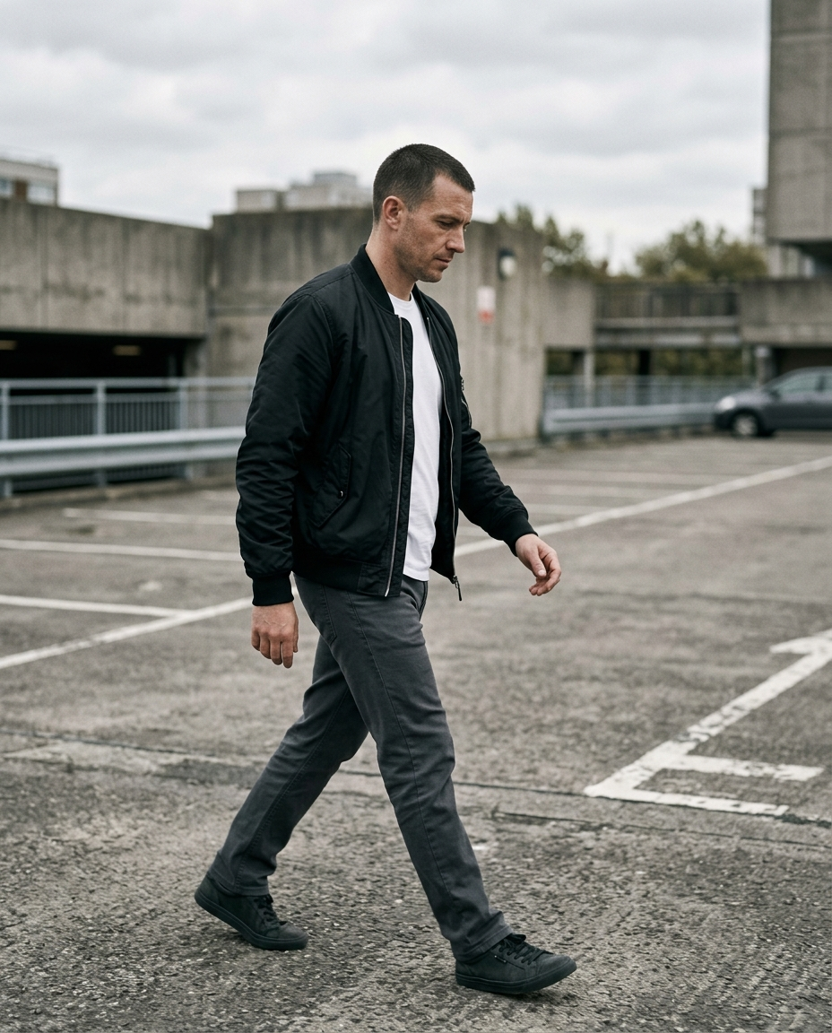 Man walking wearing the Bomber Jacket Clean Standard in black