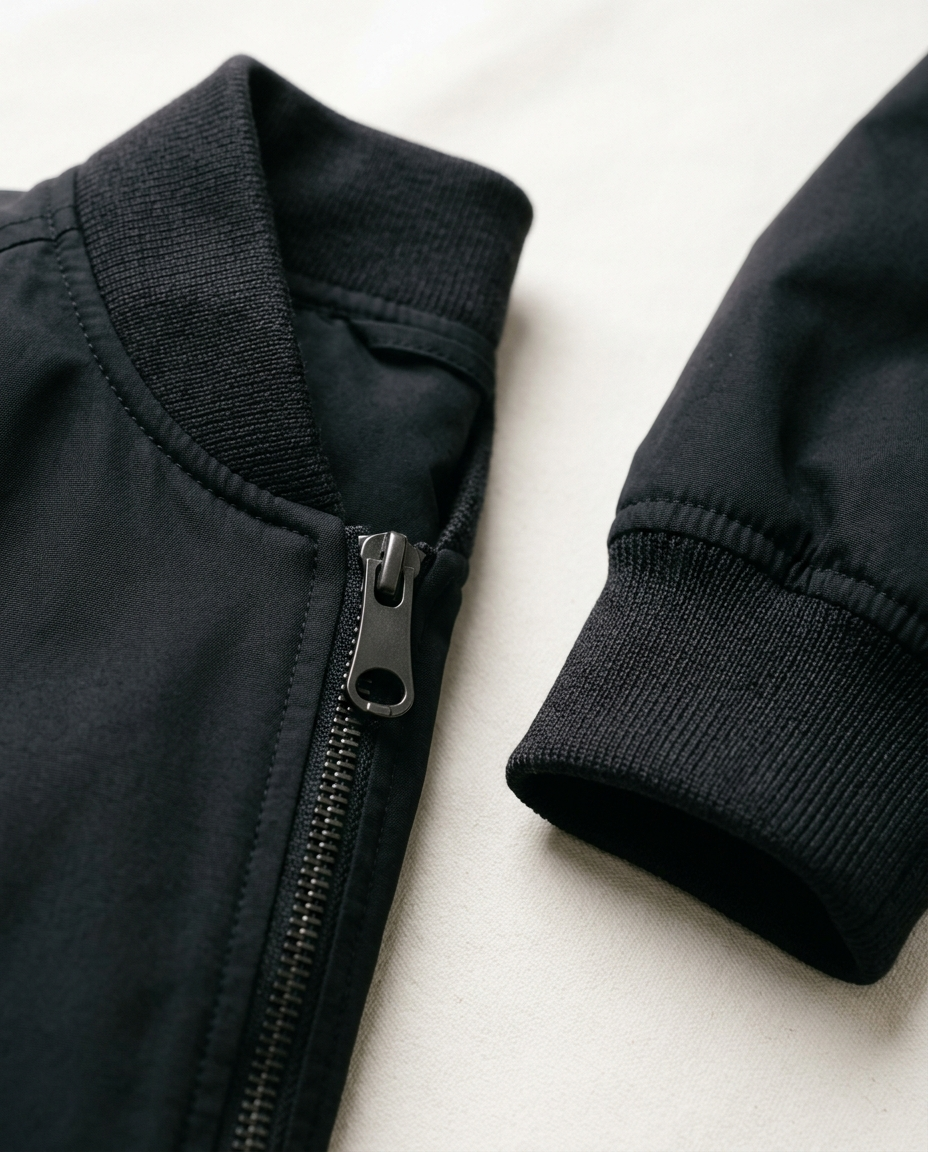 Ribbed collar and zip detail of the Bomber Jacket Clean Standard