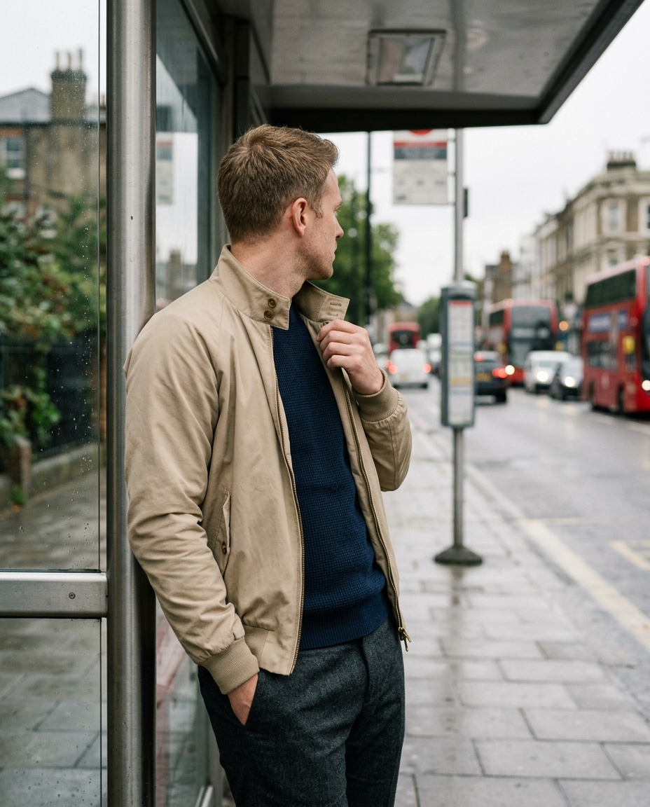 Man at a bus shelter wearing the Harrington Jacket Soft Bracken in sand