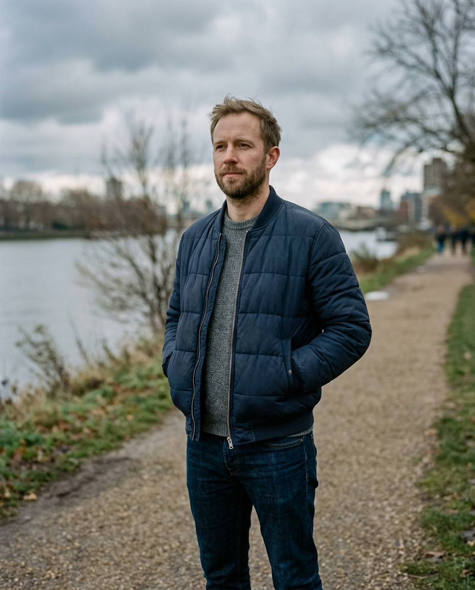 Man wearing the Padded Bomber Jacket Northern Harbour in navy