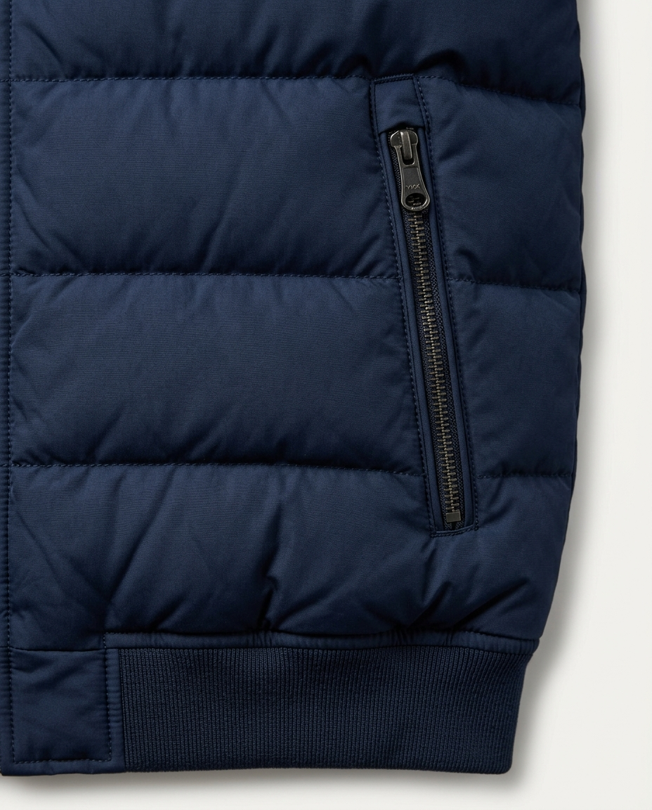 Quilting and zipped pocket detail of the Padded Bomber Jacket Northern Harbour