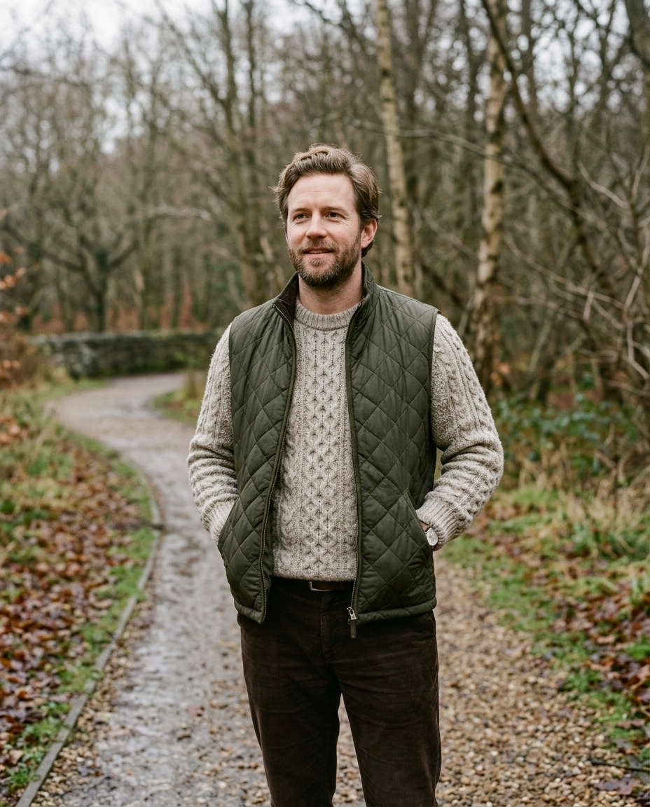 Man wearing the Quilted Gilet Light Fenwick in dark olive on a park path