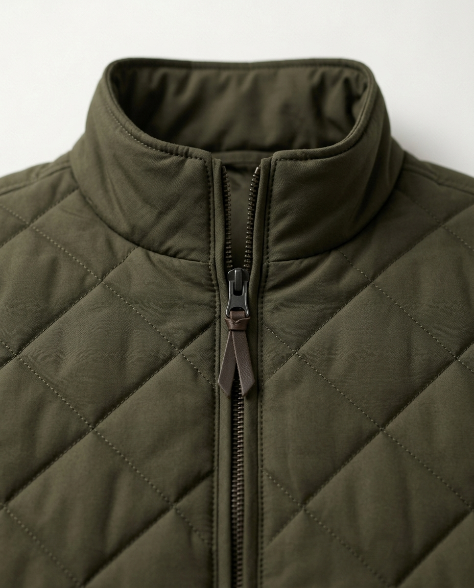 Stand collar and quilting detail of the Quilted Gilet Light Fenwick