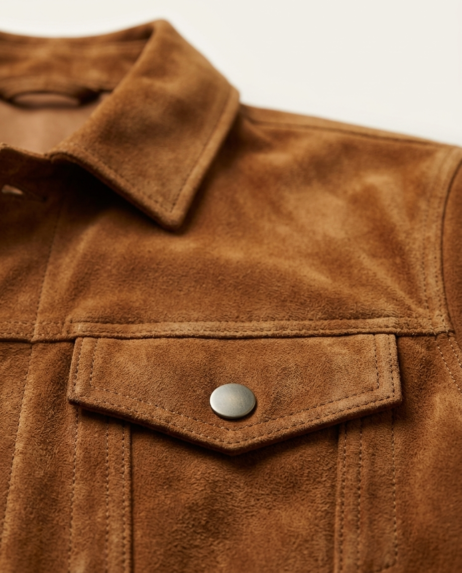 Collar and chest pocket detail of the Suede Jacket Worn Camden