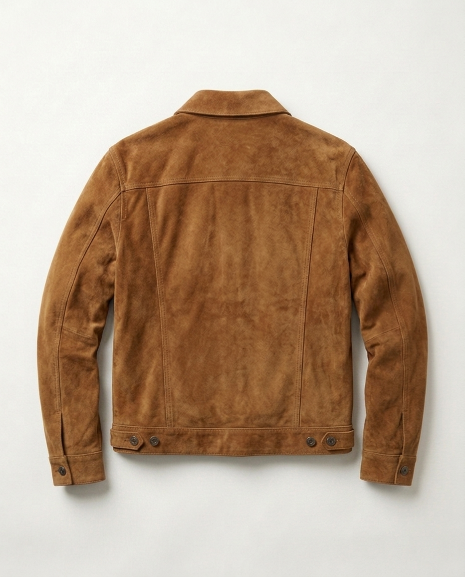 Suede Jacket Worn Camden in tobacco tan, back view