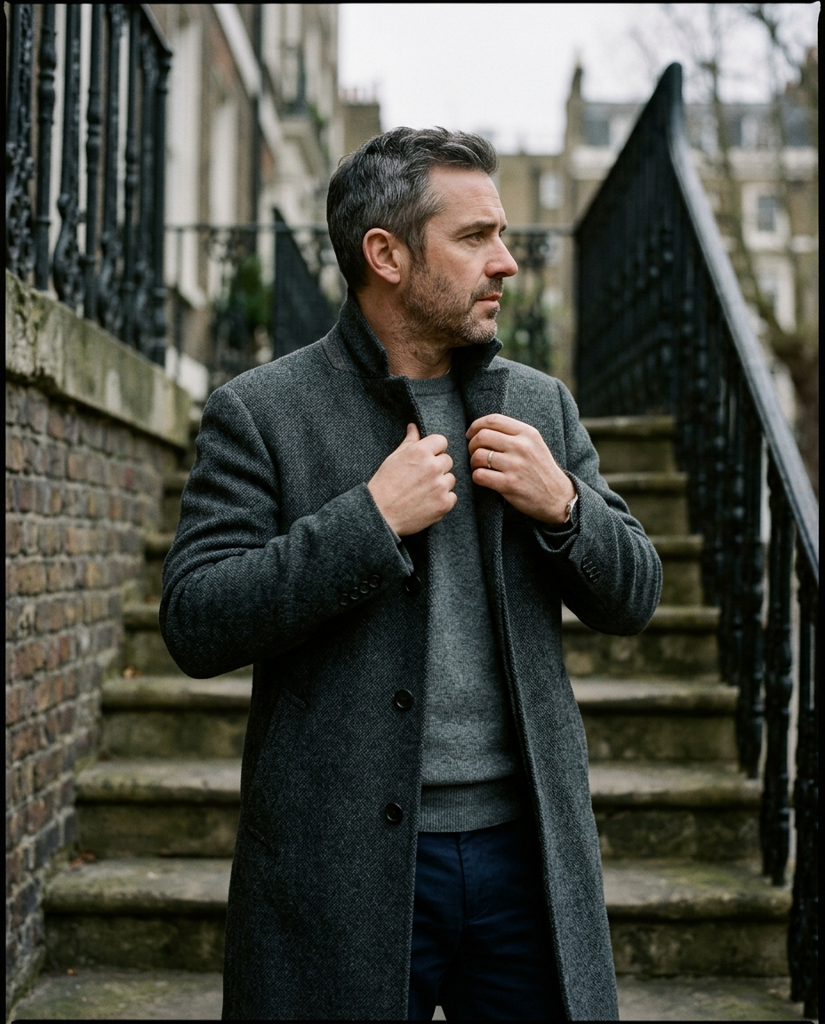 Man on a staircase wearing the Wool Overcoat Quiet Ridgeway in charcoal