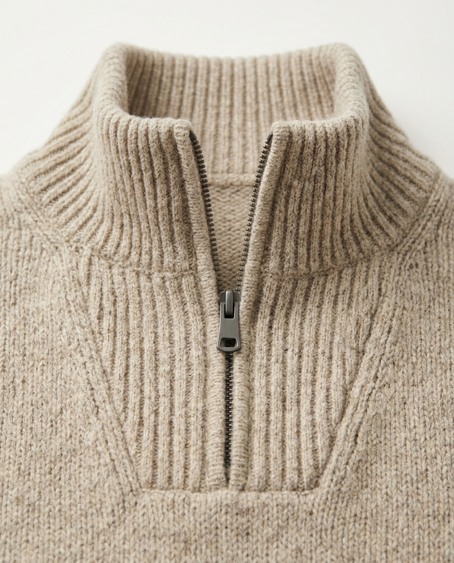 Ribbed stand collar and half-zip detail of the Half-Zip Sweater Brushed Highland