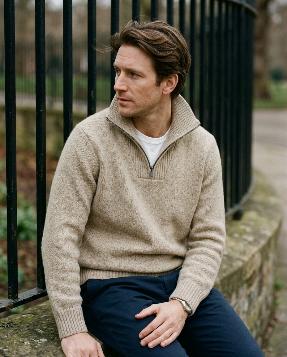 Man seated wearing the Half-Zip Sweater Brushed Highland in oatmeal