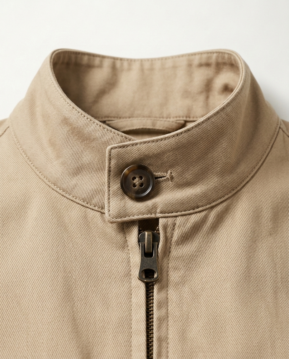 Stand collar and throat tab detail of the Harrington Jacket Soft Bracken