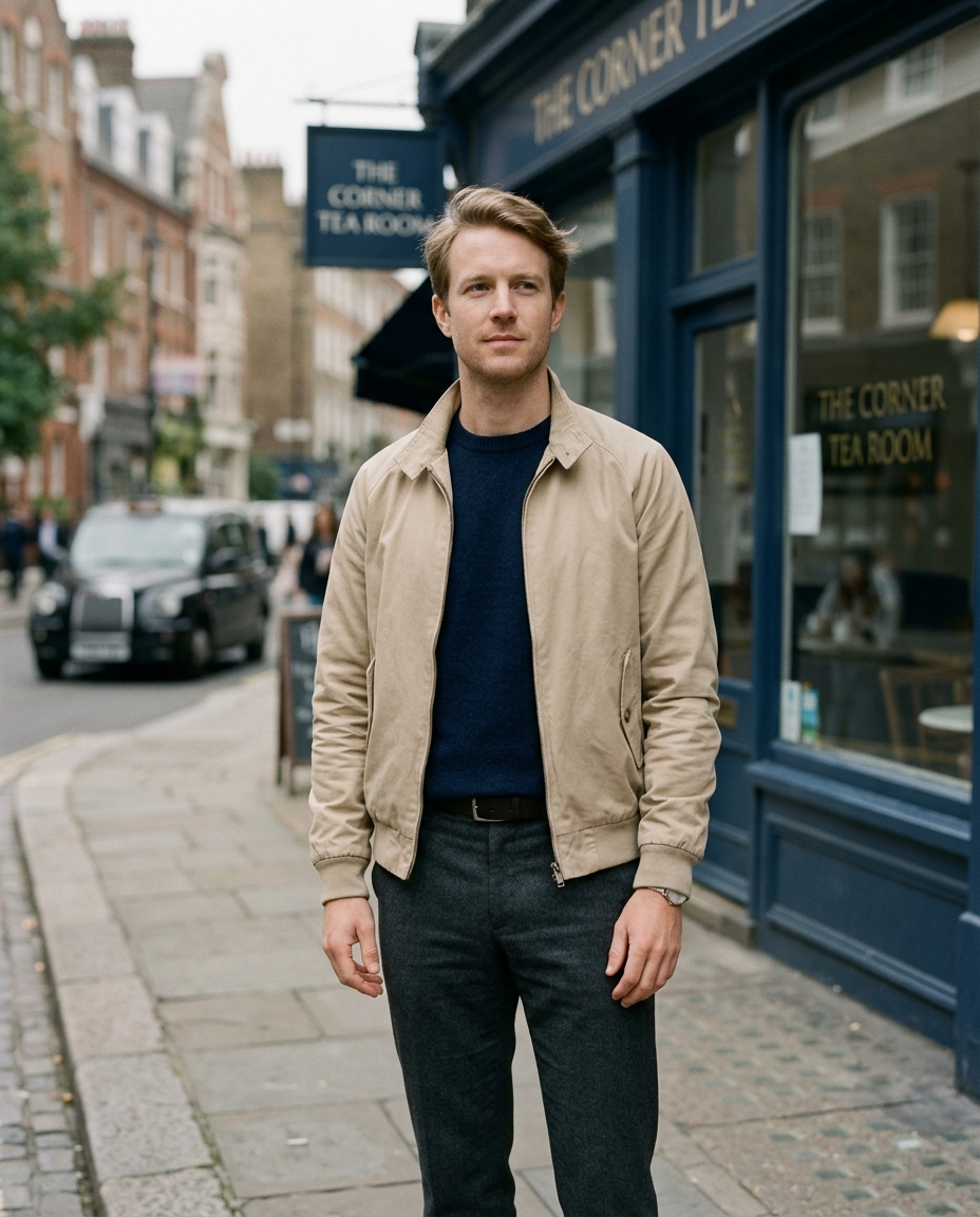 Man wearing the Harrington Jacket Soft Bracken in sand on a London street