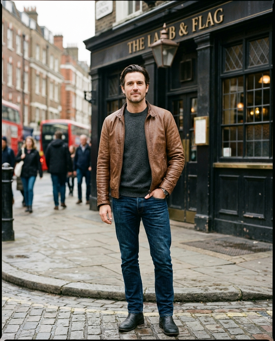 Man wearing the Leather Jacket Weathered Signature in brown
