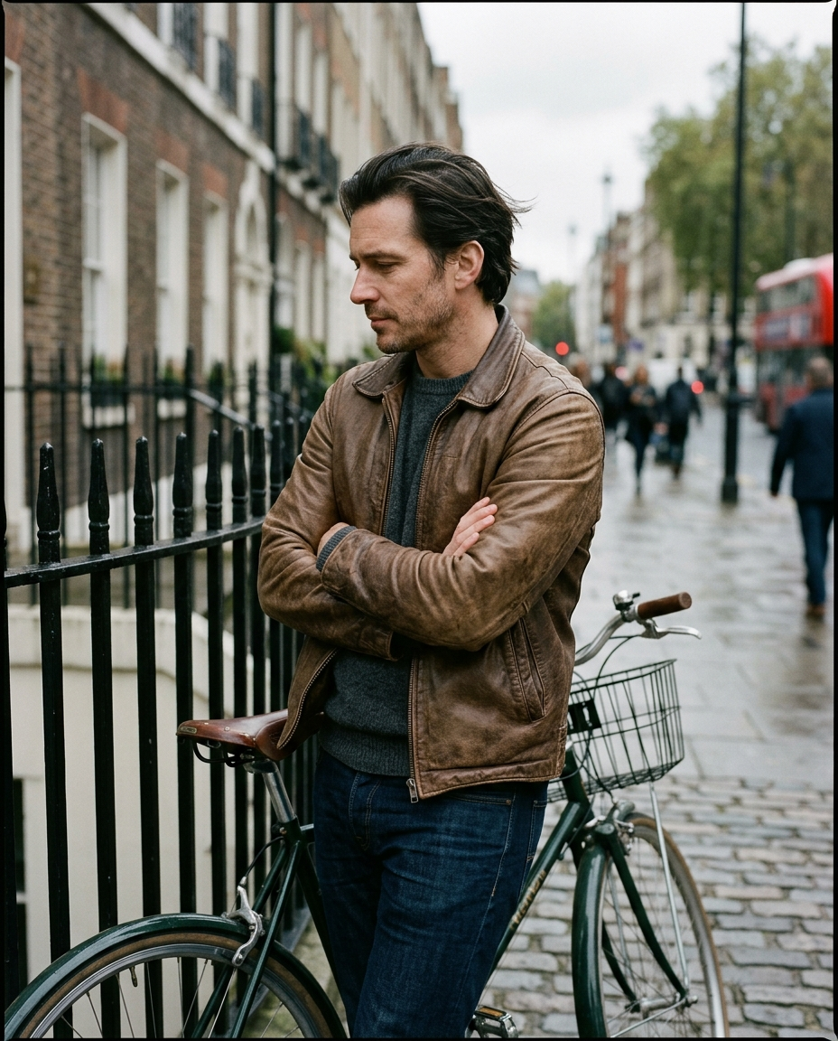 Man beside iron railings wearing the Leather Jacket Weathered Signature in brown