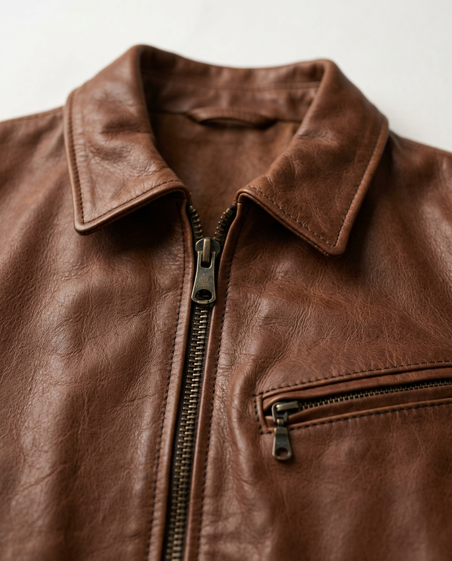 Collar, zip and chest pocket detail of the Leather Jacket Weathered Signature