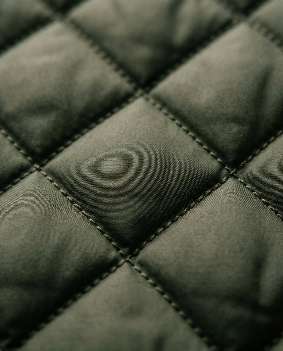Quilted fabric texture of the Quilted Gilet Light Fenwick in dark olive