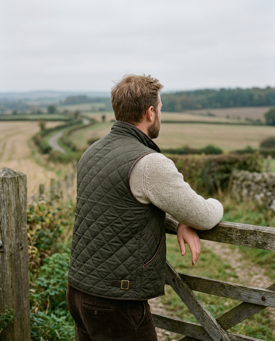 Man at a field gate wearing the Quilted Gilet Light Fenwick in dark olive