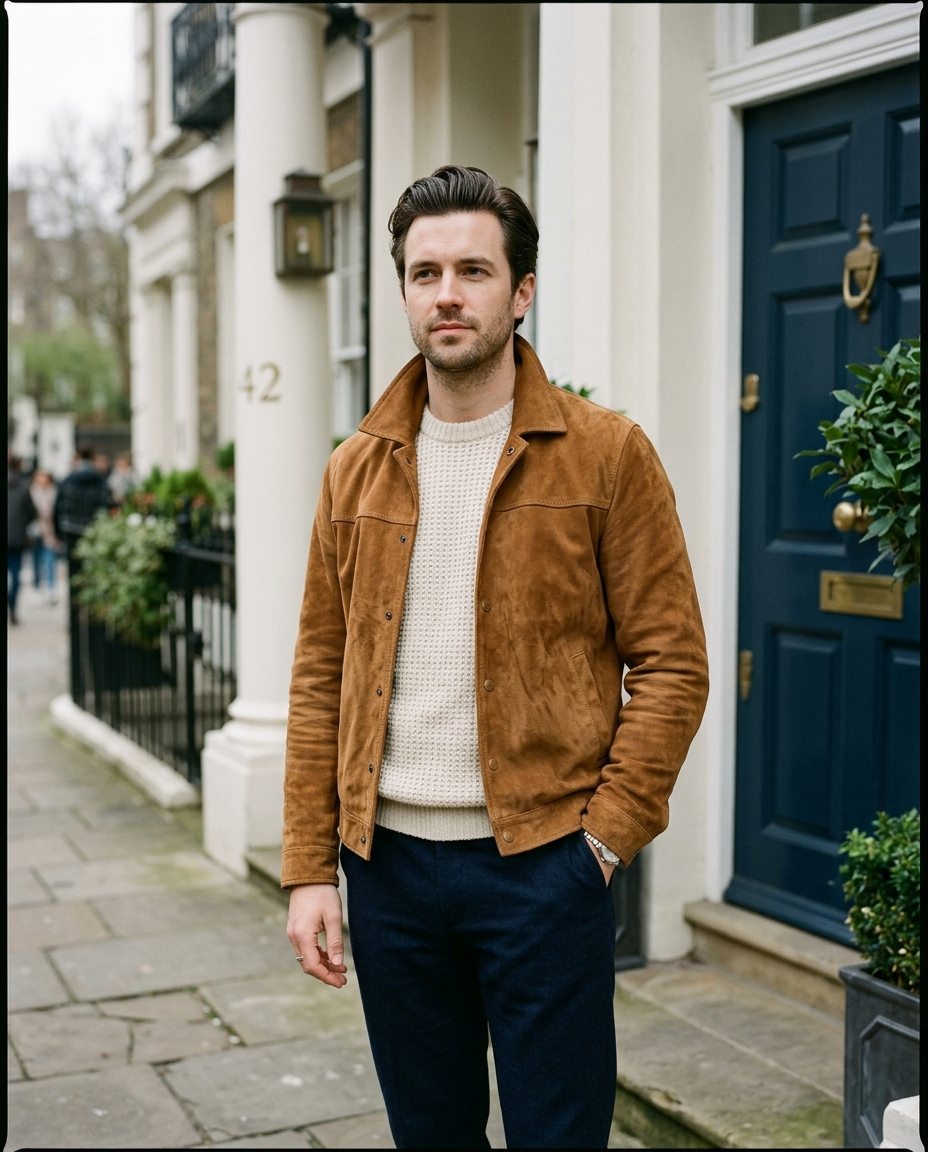 Man wearing the Suede Jacket Worn Camden in tobacco tan on a London street
