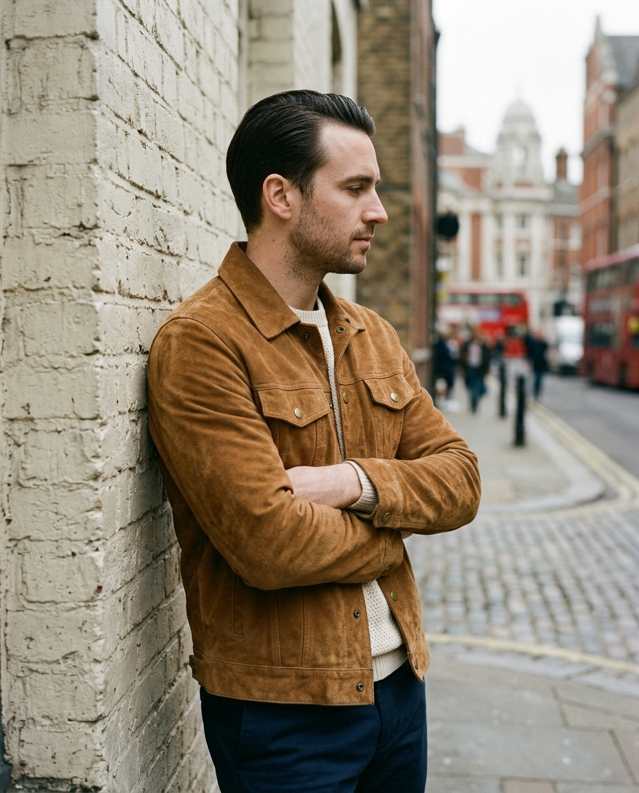 Man against a brick wall wearing the Suede Jacket Worn Camden in tobacco tan