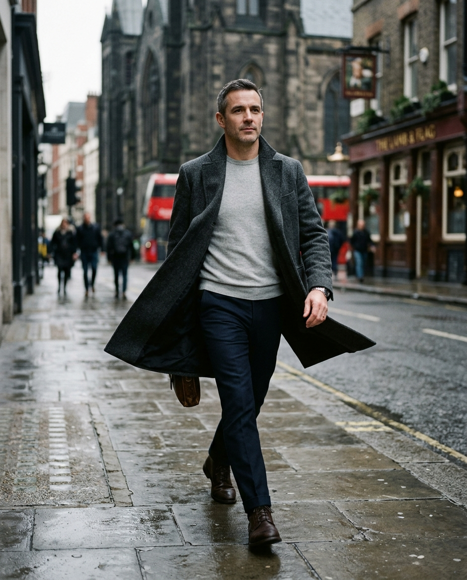Man walking wearing the Wool Overcoat Quiet Ridgeway in charcoal